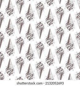 Vector seamless pattern with sketch hand drawn ice cream cones and stars on a white background. Stylized food art texture. Isolated illustrations