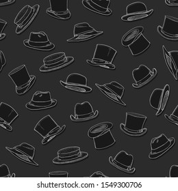 Vector Seamless Pattern of Sketch Hats. Grayscale Fashion Ornament