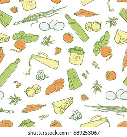 Vector seamless pattern sketch illustration of a set organic natural products, located in the form of frames, labels or signs. Fresh food - vegetables, berries, cheese, olive oil and tea, honey, nuts