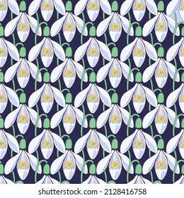 Patrón vectorial sin fisuras con boceto de nieve aislado sobre un fondo violeta azul oscuro. Textura de ilustración botánica dibujada por primavera. Impresión floral de marzo