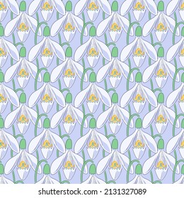 Vector seamless pattern with sketch isolated colorful illustrations of snowdrops on a lilac background. Spring first flowers texture. Print and textile template