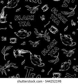 vector seamless pattern sketch of items bun-fight on black background. Tea from the kettle poured into cups