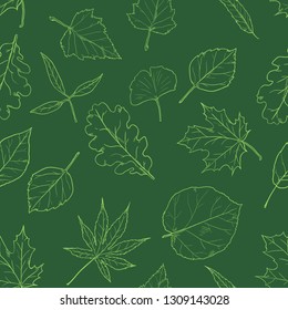 Vector Seamless Pattern with Sketch Leaves on Green Background