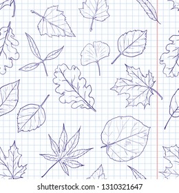 Vector Seamless Pattern with Sketch Leaves on Squared Background