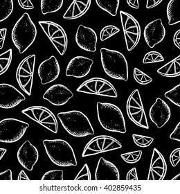 Vector seamless pattern with sketch lemons. Beautiful pattern with doodle lemons on black background. Handy drawn lemon pattern.