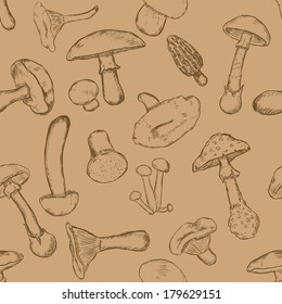 Vector Seamless Pattern of Sketch Mushrooms on Brown Background