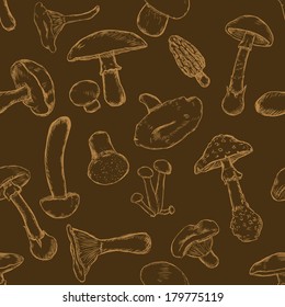 Vector Seamless Pattern of Sketch Mushrooms on Dark Background