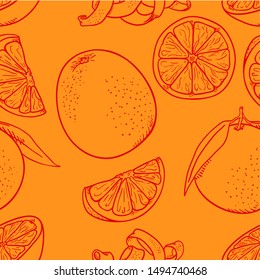 Vector Seamless Pattern of Sketch Oranges on Orange Color Background