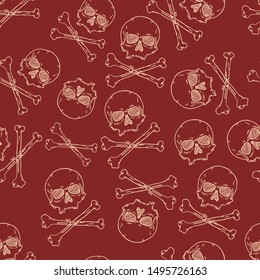 Vector Seamless Pattern of Sketch Pirate Skulls on Red Background