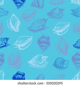 Vector seamless pattern sketch of seashells on blue background. Hand-drawn sea animals