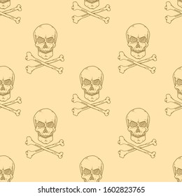 Vector Seamless Pattern of Sketch Skull with Cross Bones on Beige Background