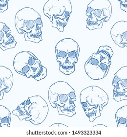 Vector Seamless Pattern of Sketch Skulls on White Background