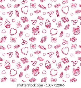 Vector seamless pattern in sketch style for Valentine's Day. Rose, balloons, candy, icecream, kiss, lips, hearts. Valentine's day, wedding, love, romantic events. Doodle style seamless vector pattern.