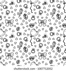 Vector seamless pattern in sketch style for Valentine's Day. Rose, balloons, engagement rings, kiss, lips, hearts. Valentine's day, wedding, love, romantic events. Doodle style seamless vector pattern