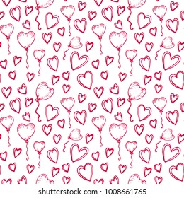 Vector seamless pattern in sketch style for Valentine's Day. Arrows, ballons and hearts in red. Valentine's day, wedding, love, romantic events. Doodle style seamless vector pattern.