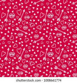 Vector seamless pattern in sketch style for Valentine's Day. Arrows, kiss, lips, hearts. Valentine's day, wedding, love, romantic events. Doodle style seamless vector pattern.