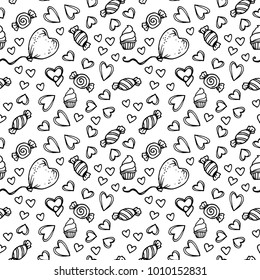 Vector seamless pattern in sketch style for Valentine's Day. Rose, balloons, candy, icecream, kiss, lips, hearts. Valentine's day, wedding, love, romantic events. Doodle style seamless vector pattern.