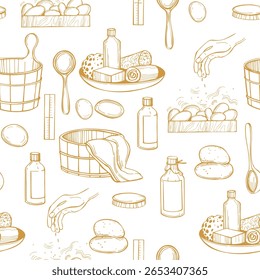  Vector seamless pattern with sketch  traditional sauna accessories. 