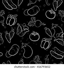Vector seamless pattern sketch vegetables on black background