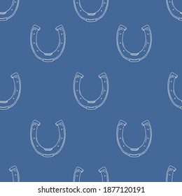 Vector Seamless Pattern of Sketch White Horseshoes on Blue Background