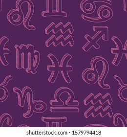 Vector Seamless Pattern of Sketch Zodiac Signs. Neon Light Astrological Background.