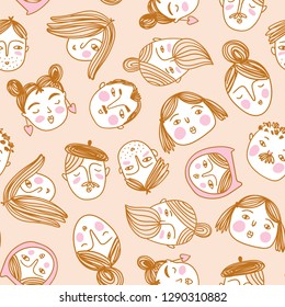 Vector seamless pattern with sketched faces of people. Hand drawn style. Cute simple design for fabric, wallpaper or wrap paper.