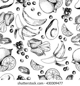 Vector seamless pattern of sketched fruit. Hand drawn engraved avocado, banana, strawberry, dates, lemon, lime, orange, blueberry. Smoothie and cocktail ingredients in repeating mode. 