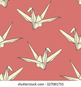 vector seamless pattern with sketched paper cranes on pink background