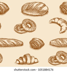 Vector seamless pattern with sketches of bread. Croissant, bagel, loaf, baguette, bun.