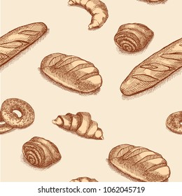 Vector seamless pattern with sketches of bread. Croissant, bagel, loaf, baguette, bun.