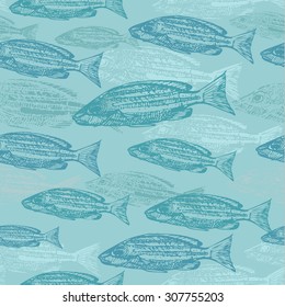 Vector seamless pattern with sketches of fish on blue background