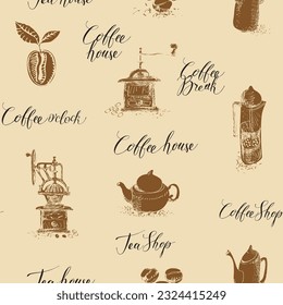 Vector seamless pattern with sketches and inscriptions on a tea and coffee theme. Hand-drawn background with teapots, coffee beans, coffee grinders. Suitable for Wallpaper, wrapping paper, fabric