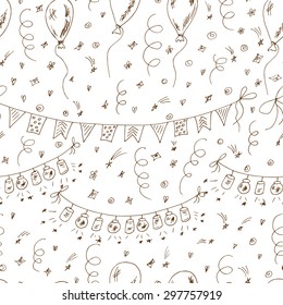 Vector seamless pattern of sketches and line doodles Celebratory attributes: balloons, garlands with flashlights and buntings flags, serpentine and confetti. Festive background. Holiday Wallpaper.
