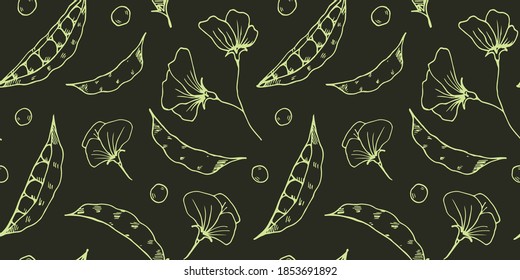 vector seamless pattern with sketches of pea pods and flowers on a black background. it can be used as Wallpaper, poster, print for clothing, fabrics, textiles, packaging paper, kitchen accessories.