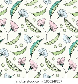 vector seamless pattern with sketches of pea pods and flowers. it can be used as Wallpaper, poster, print for clothing, fabrics, textiles, packaging paper, kitchen accessories.