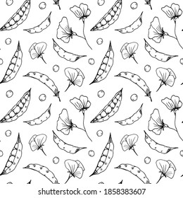 vector seamless pattern with sketches of pea pods and flowers on a white background. it can be used as Wallpaper, poster, print for clothing, fabrics, textiles, packaging paper, kitchen accessories.