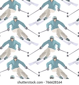Vector seamless pattern with skiers on downhill. Winter recreational activities and sport illustration. Advertising design elements.
