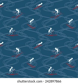 Vector seamless pattern with skiers and ski tracks.