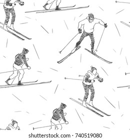 Vector seamless pattern with skiing. Winter vacation. Hand drawn illustration in sketch style.