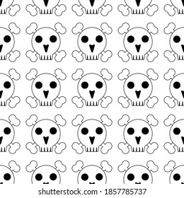 Vector seamless pattern, skull and crossbones background. Black and white outline and repeating illustration. Isolated line drawing.