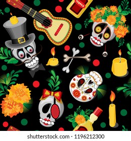 Vector seamless pattern. A skull in a cylinder and a skull in a wreath of barge trousers surrounded by flowers with leaves and guitars with tequila. Black background