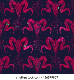 Vector seamless pattern. Skull with polygonal ornament.Halloween.Seamless abstract pattern with skull.Vector illustration.Texture in shades of pink
