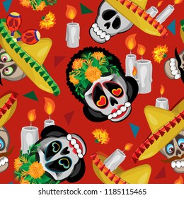 Vector seamless pattern. Skull in sombrero and skull with flowers in hair. On a red background with colored triangles and burning candles