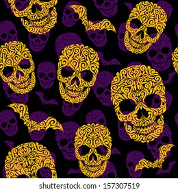 Vector seamless pattern with skulls and bats. Happy Halloween background