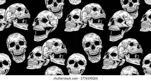 Vector seamless pattern with skulls in black background in retro tattoos old school, grunge, punk and gothic style . Hand drawn illustrations in engraving style for Halloween, print, background.