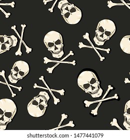 Vector Seamless Pattern - Skulls and Bones on Black Background. Pirates Pattern