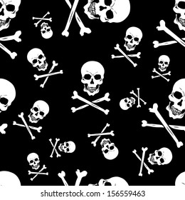 vector seamless pattern with skulls and bones on black background