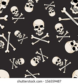 vector seamless pattern with skulls and bones on dark background