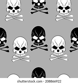 Vector Seamless pattern with skulls and bones gray background