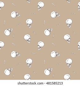 vector seamless pattern with skulls and bones brown background